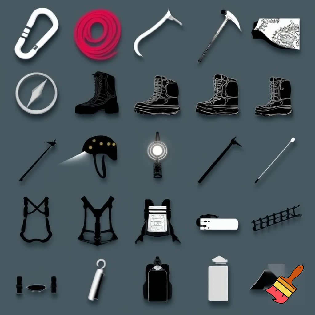 draw me 20 icons of climbing and hiking items