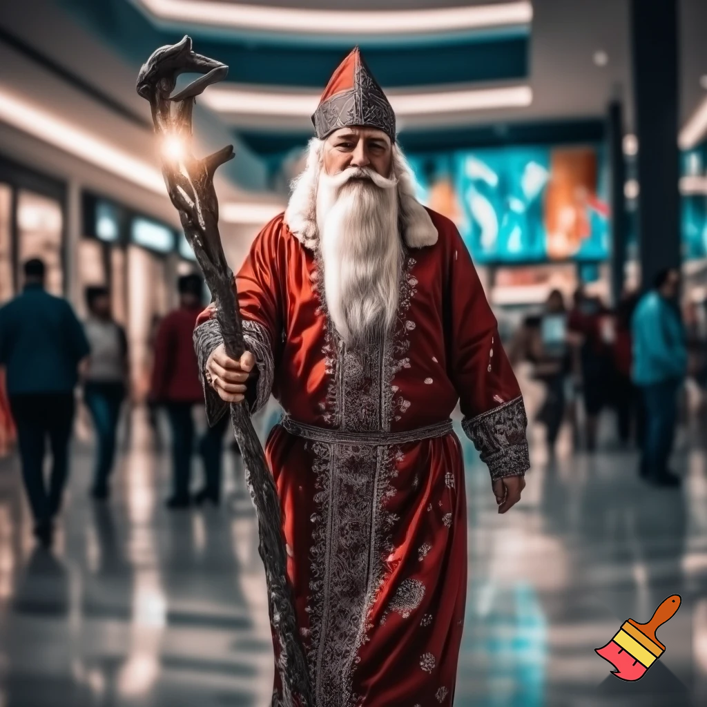Santa Claus walking at the shopping centre a wizard Santa Claus