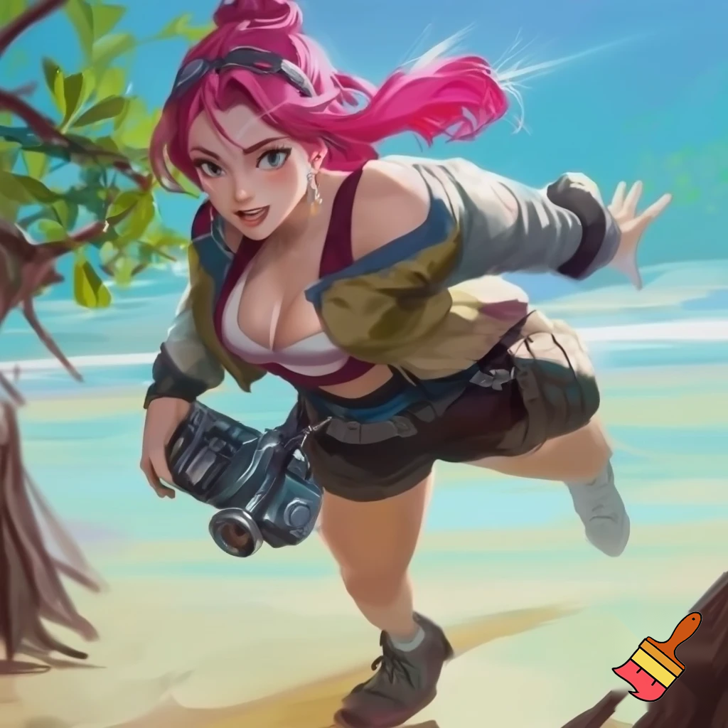 Appearance:
Aaria has bright pink hair tied into a stylish half-bun with loose strands framing her face. She has a big breast and a huge waist.  She wears a cropped adventure jacket over a sporty top, practical shorts for travel, and lightweight explorer shoes suited for mangroves and beaches. A compact camera always hangs at her side, ready to capture every new discovery. Her eyes sparkle with curiosity, and she often carries herself with an energetic pose that hints at confidence and creativity.

Personality:
Aaria is confident, clever, and endlessly curious — she sees the world through the lens of both her camera and her ideals. She documents everything she encounters, believing that every Pokémon and every moment tells a story worth remembering. Though she’s competitive, she treats battles like experiments and snapshots of growth rather than simple victories.

Role in the Story:
She starts as a fellow adventurer from Keraco Village, taking the opposite starter to yours. She travels the region photographing habitats, ruins, and trainers — and often challenges you to a friendly rematch to “capture your progress.” Her dream is to publish “The Light and Shadow Atlas of Indigoa.”