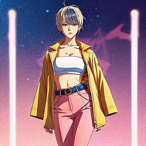 Attractive woman with an ash blonde pixie cut and a slim build wearing bold makeup wearing a cropped jacket, a bandeau top, cigarette pants with a belt and peep toe chunky heels 