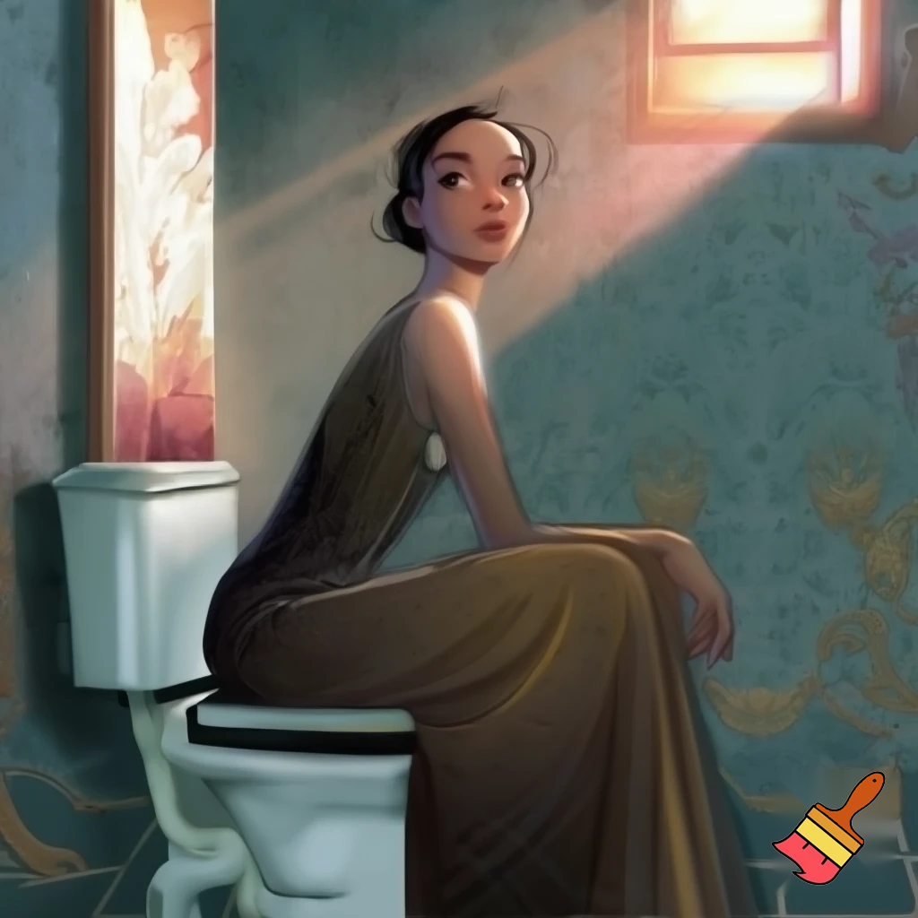 Attractive woman sitting on a toilet 