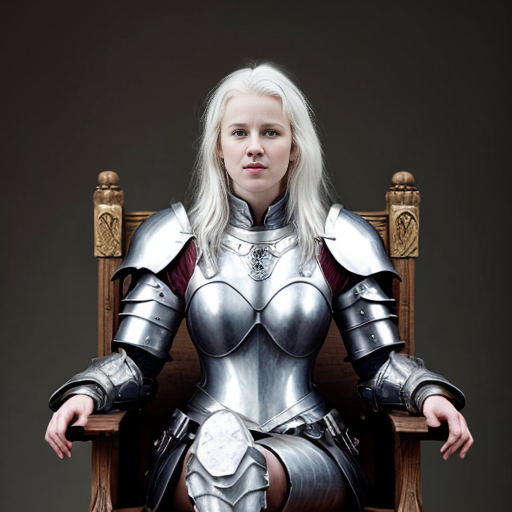 young tall white-haired woman in armor sits on a throne