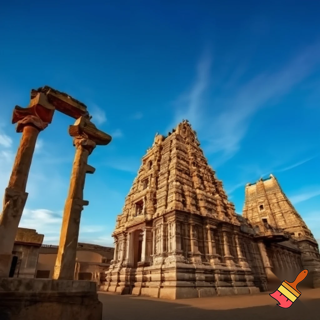 create a image for a grand ancient temple in tamil nadu with some stone pillars and towring gopurams set against a blue sky
