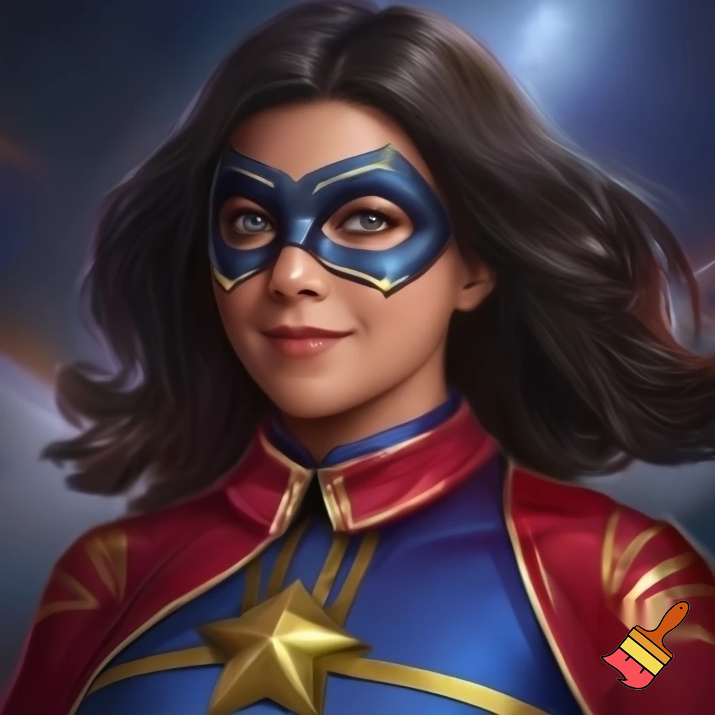Kate Bishop black hair Blue Eyes white skin marrying ms marvel Kamala khan brown skin dark brown hair dark eyes blue mask red blue outfit 