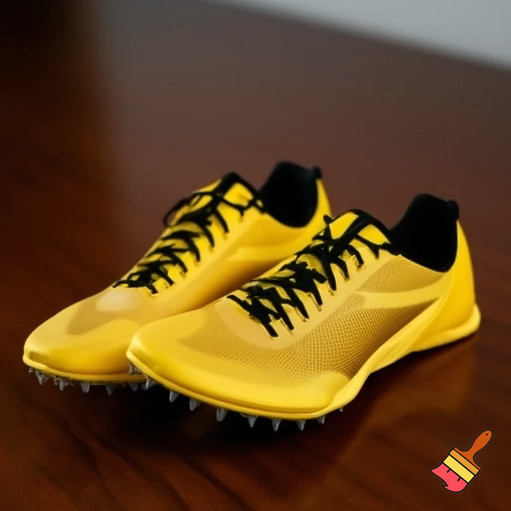 gold-yellow track shoes on a table with black laces