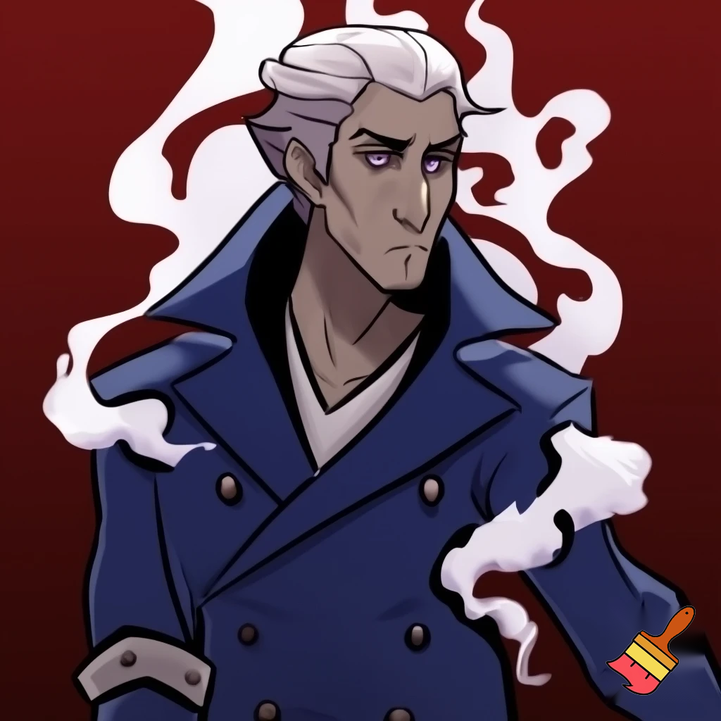 Percival de rolo from Vox Machina in the art style of hazbin hotel wearing his signature blue overcoat and smoke curling around him