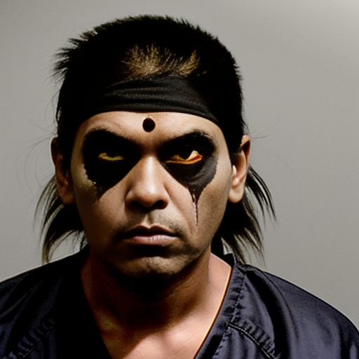 generate a image of a indian myna in a mugshot looking fierce, sinister, evil and deadly prison outfit