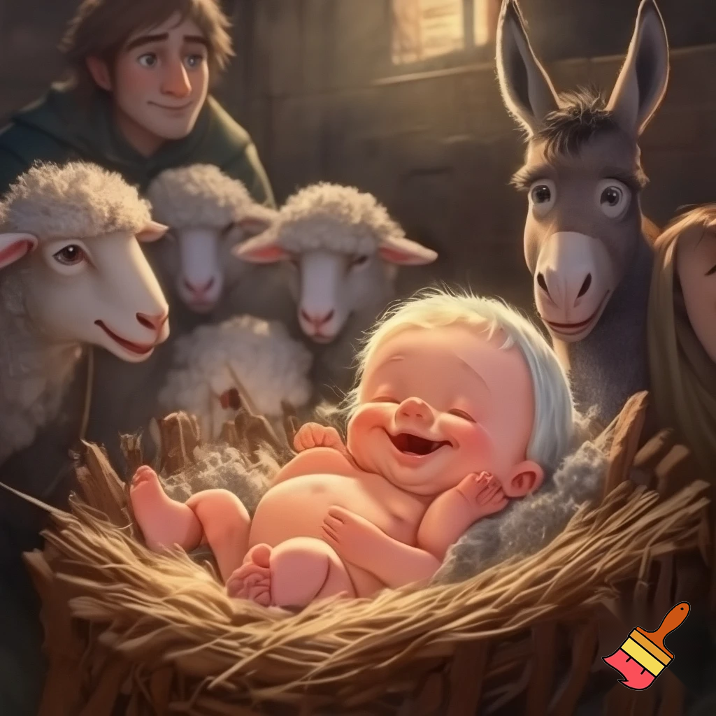 Un pruncușor grăsun și vesel născut înyr-o iesle, înconjurat de oi, un mwgăruș și pastori