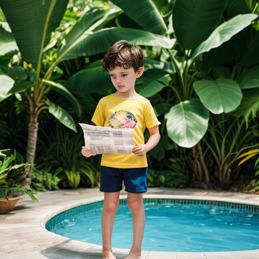 A serious cartoon child in a yellow shirt and pink shorts stands barefoot by a swimming pool, reading a paper, surrounded by tropical plants.