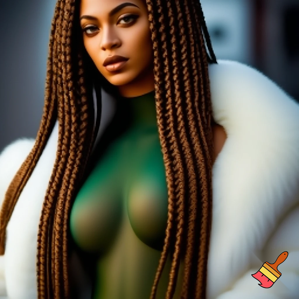 Beyonce with long african brown box braids with brown makeup wearing a dark pastel transparent green bodysuit with a white fur coat on selfie angle face ,confidence bad bitch 