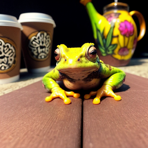 A hillarious, funny boho toad with some hippie colored coffee cups. Psychedelic decorated background, hyperrealistic. Close-up view.