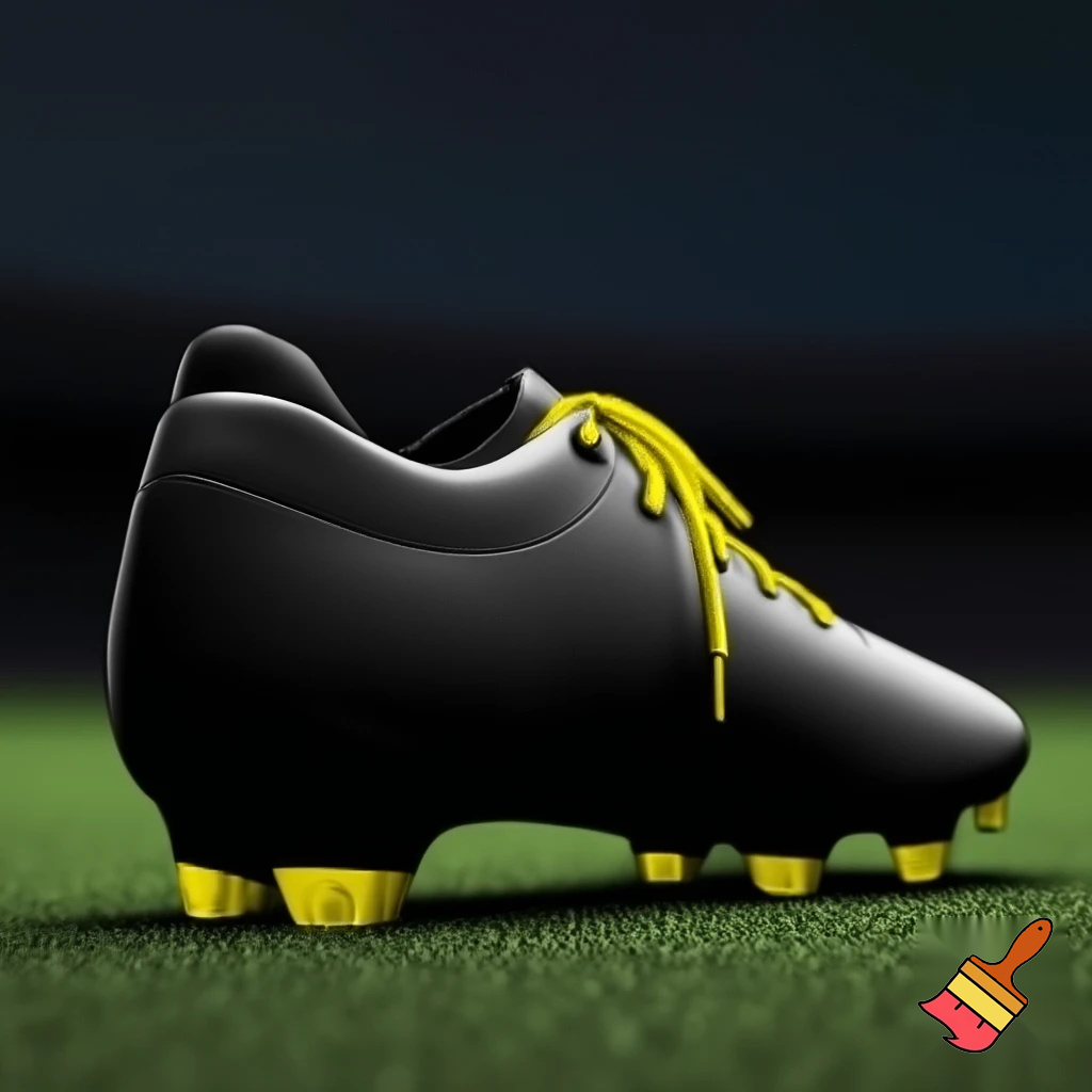  plain black soccer boot and with yellow laces and studs facing away from me
