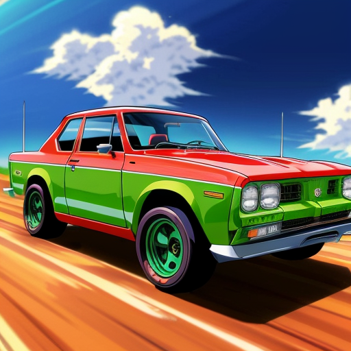 Green drag car transformer in the  g1 style that has a Holden LJ Torana vehicle mode with bug accents on its design