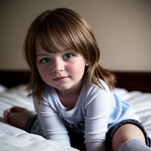 auburn little girl, brown eyed, sitting on bed, on the bedroom, close up