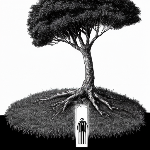 Ancient human survival

Stick figure hiding behind tree, predator in distance, black and white, minimalist, xkcd-style, survival concept illustration