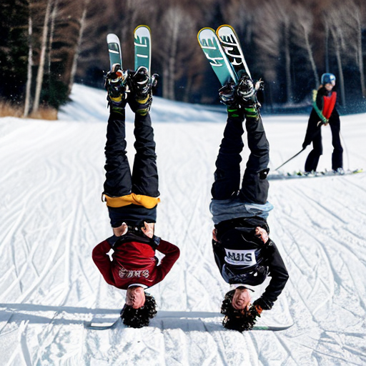 Erstelle ein Bild wo zwei Freunde mit den Ski Bei einer Schanze einen Backflip machen im Schnee