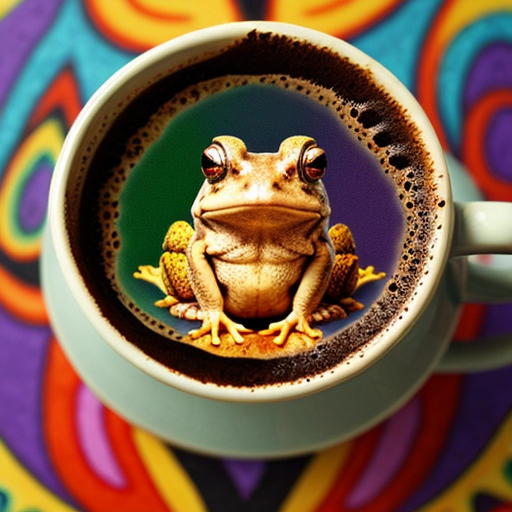 A hillarious, funny boho toad with some hippie colored coffee cups. Psychedelic decorated background, hyperrealistic. Close-up view.