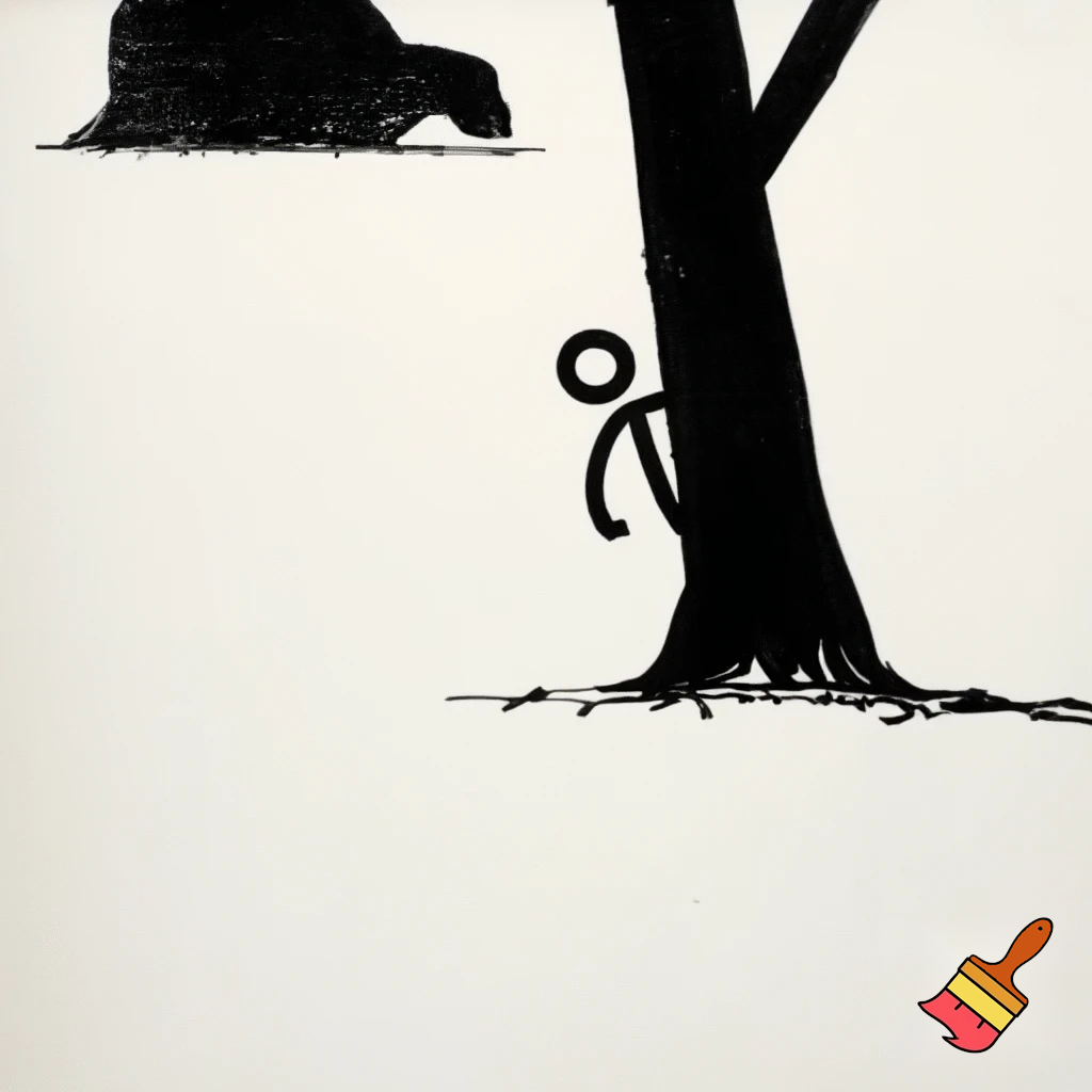Ancient human survival

Stick figure hiding behind tree, predator in distance, black and white, minimalist, xkcd-style, survival concept illustration