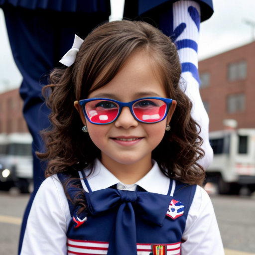 Cute adorable niña Chilindrina glasses con hair lazo curly Blonde con sailor uniforme escolar con zapatos negros escolar con calcetines blancos con Estados Unidos América bandera con desfile con ciudad 4