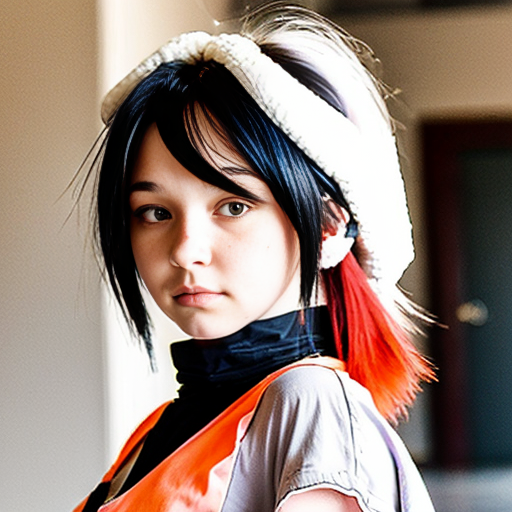 Girl With VERY DARK BROWN (Almost Black) Hair At The Top, An Ahoge Of The Same Color At The Top Of Her Head, Pink Locks In The Middle, And The Very Bottom Of Her Hair Is White, She Has Amber Eyes, One Of Them (Her Left) Is COvered By Her Hair, She Has Fluffy White Inu Ears At The RIGHT AND LEFT SIDES Of Her Head, She Wears An ORANGE Bandana In Her NECK, Dark Grey Longsleeved Shirt Who's Sleeves Are Oversized, A Belt Over A Dark Blue Skirt, And A White Fluffy Inu Tail
