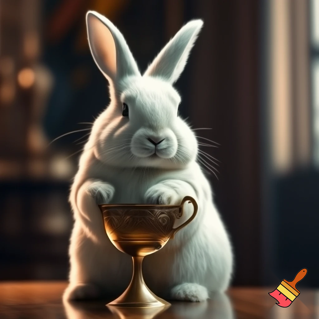 A white rabbit holding the would cup