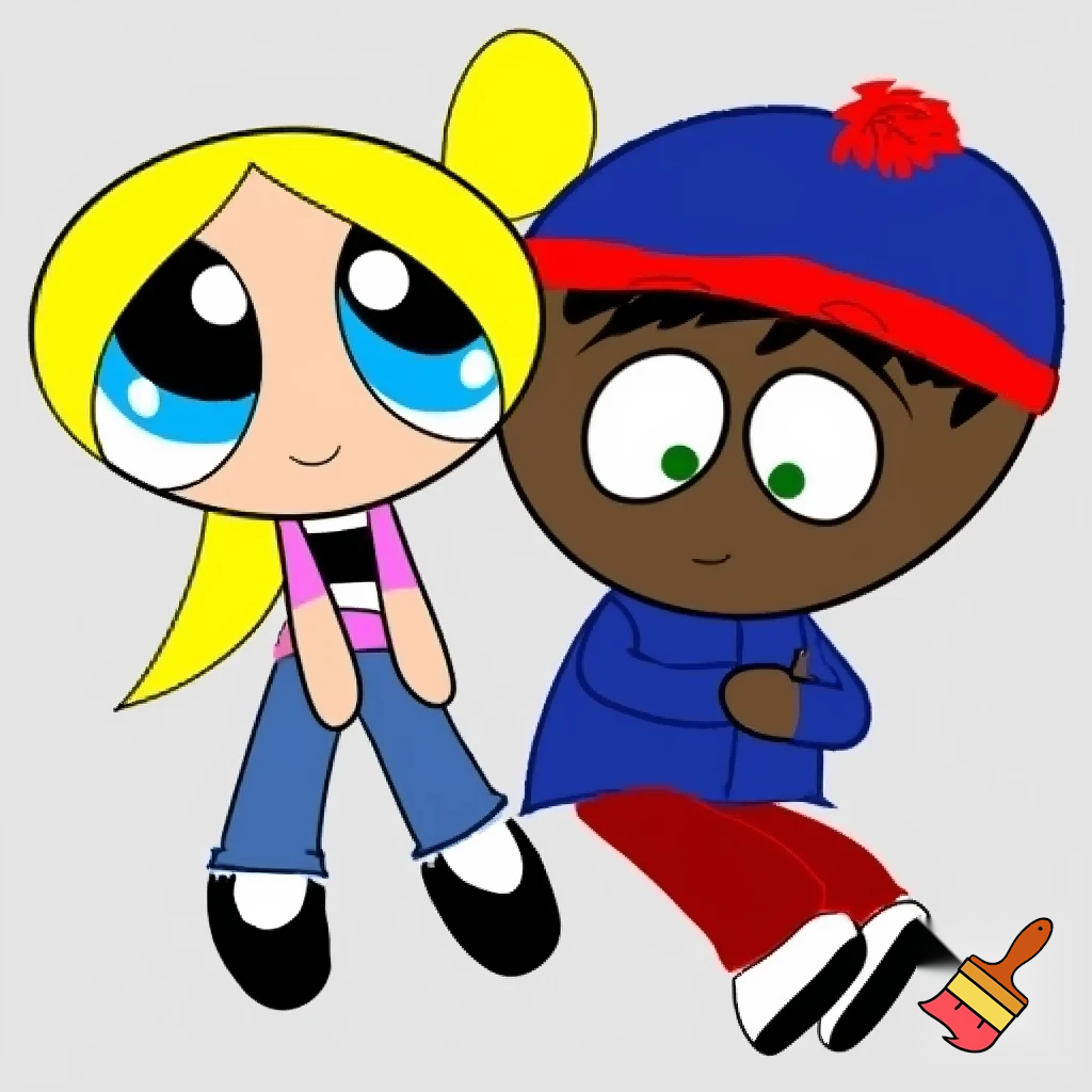 A Powerpuff-fied girl with yellow hair, blue eyes, black shoes, blue jeans, pink shirt and the ponytail. and A South Park-Fied boy with black hair, dark skin, green eyes, white shoes, red pants, blue shirt and a red cap.