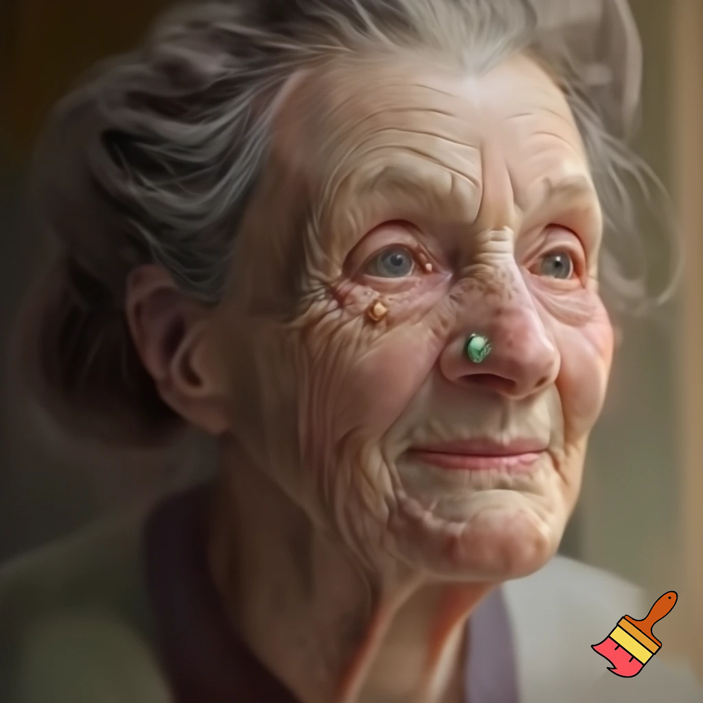 Draw an old lady with earplugs in her nostrils