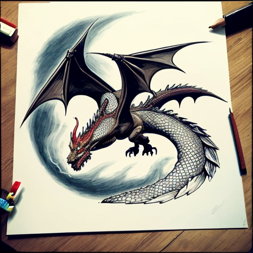 Draw me a mythological dragon flying through the sky above a village, breathing fire on the houses