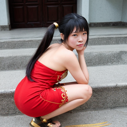 Anime style short woman from indochina, she wears a short red dress with gold embroidery, she has her bkue-black hair up in either 2 buns or 2 ponytails. She has a determined look on her face. We view her from a few steps away face-on. She is crouched forward looking like she has just finished a backflip.