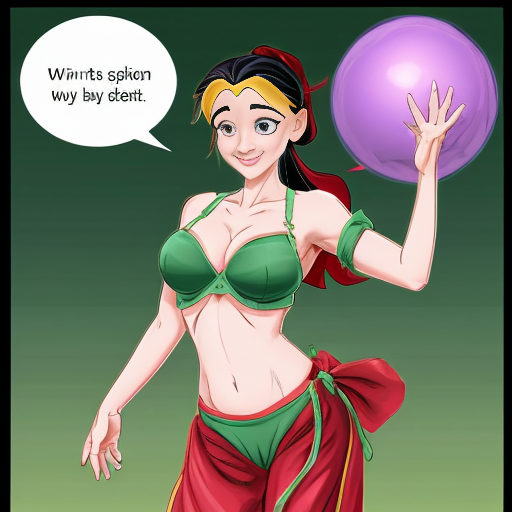 90's disney's 2d aladdin style comic dark black background and panels of 
panel 1 purple haired Ponytail shantae with red harem pants and red bra and red curved slippers with both hand palms place together and hiding the bottom of her mouth with a red veil wrapped around her arms and shoulders. 
panel 2 she danced with red harem pants with red bra and red curved slippers and red veil wrapped around her arms and shoulders and raising legs and bounced up and down her belly and shook her hips left and right. 
panel 3 as Shantae with red harem pants and red bra and curved red slippers spreading her arms, happily revealing her face to the viewer and giving a smile as she turns around shook her butt left and right. Panel 4 as purple haired Ponytail shantae with red harem pants and red bra and red curved slippers started to fading away , except her belly, which is bouncing around. 
Panel 5 then the ball transforms into the fading in belly of green haired Ponytail shantae with light green skin and green harem pants and green bra and green curved slippers and green veil wrapped around her arms and shoulders with her swaying her hips. 
Panel 6 green haired Ponytail shantae with light green skin and purple harem pants and green bra and green curved slippers and green veil wrapped around her arms and shoulders and with her hand palms place together between her chest and she gives a smile and winking her left eye. 