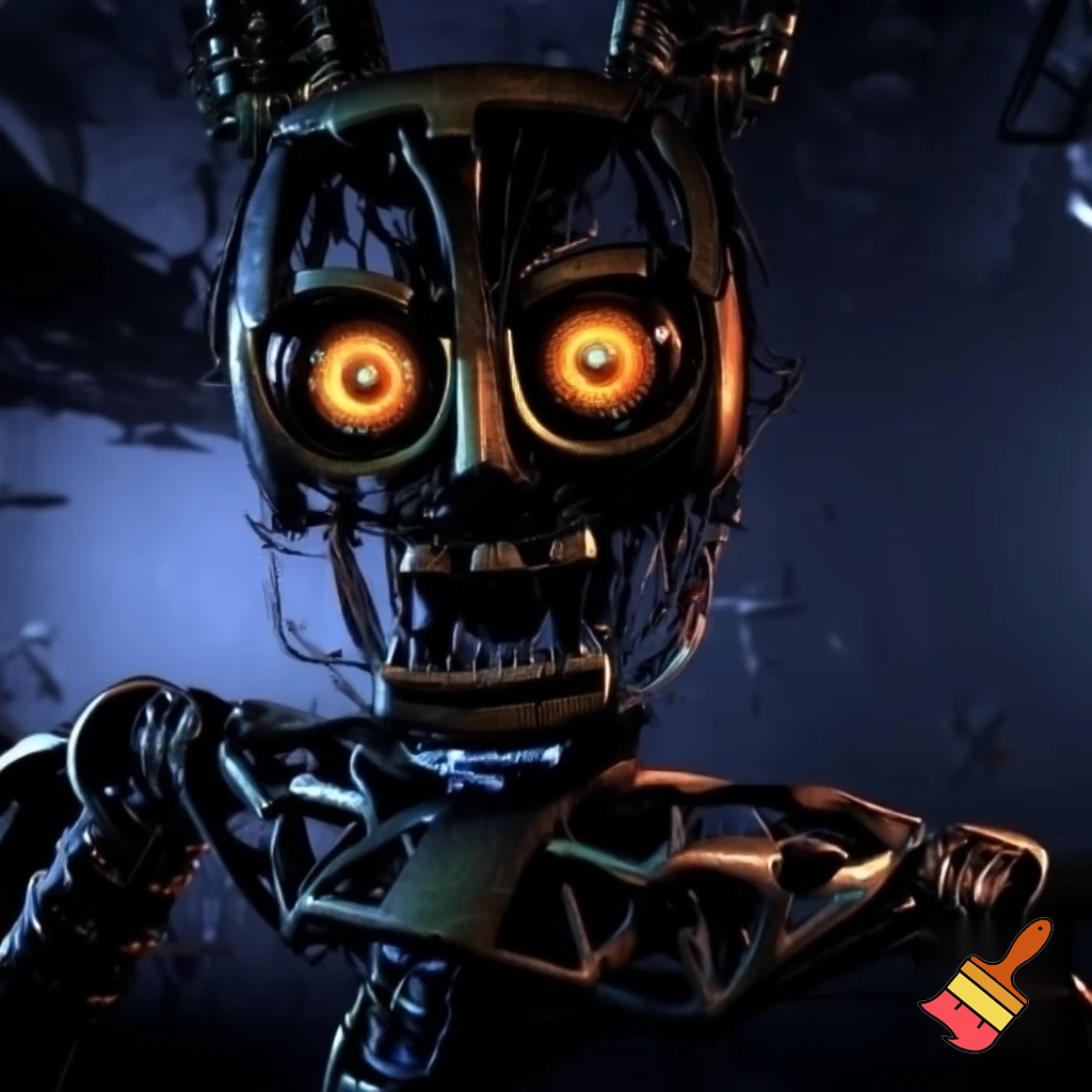 a fnaf endoskeleton with orange swirly eyes