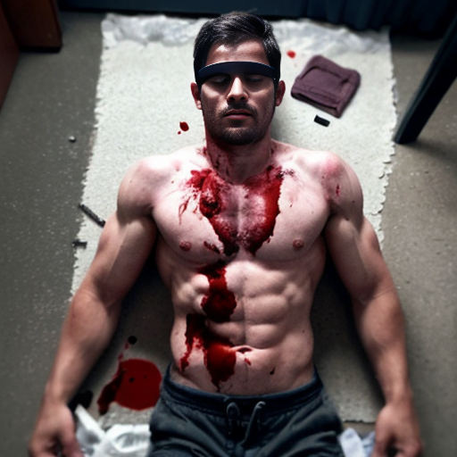 shirtless random man (neighbor, not everyone has 6 pack.), face are hiding by shirt, died already, chest are open wounded circle, blood everywhere, eye closed, floor (on random place like empty place) on corpse body.