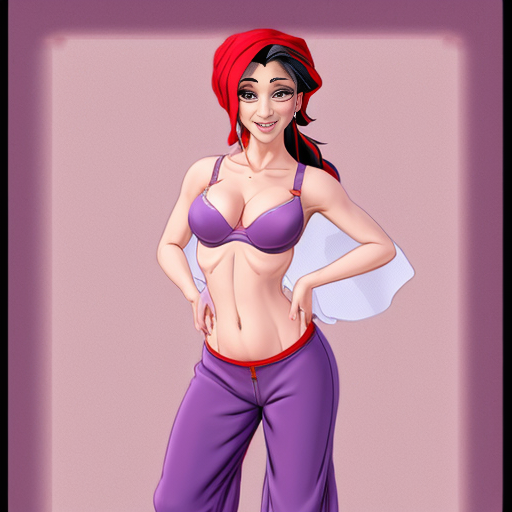 90's disney's 2d aladdin style comic dark black background and panels of 
panel 1 purple haired Ponytail shantae with red harem pants and red bra and red curved slippers with both hand palms place together and hiding the bottom of her mouth with a red veil wrapped around her arms and shoulders. 
panel 2 she danced with red harem pants with red bra and red curved slippers and red veil wrapped around her arms and shoulders and raising legs and bounced up and down her belly and shook her hips left and right. panel 3 as Shantae with red harem pants and red bra and curved red slippers spreading her arms, happily revealing her face to the viewer and giving a smile as she turns around shook her butt left and right. 
Panel 4 as purple haired Ponytail shantae with red harem pants and red bra and red curved slippers started to fading away , except her belly, which is bouncing around. 
Panel 5 then the ball transforms into the fading in belly of red haired Ponytail shantae with light purple skin and purple harem pants and purple bra and purple curved slippers and purple veil wrapped around her arms and shoulders with her swaying her hips. 
Panel 6 red haired Ponytail shantae with light purple skin and purple harem pants and purple bra and purple curved slippers and purple veil wrapped around her arms and shoulders and with her hand palms place together between her chest and she gives a smile and winking her left eye.    