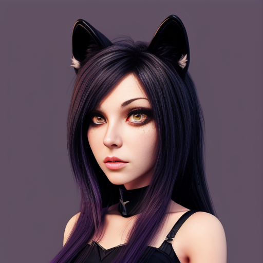 Anthropomorphic female black wolf with long pretty hair and purple eyes 