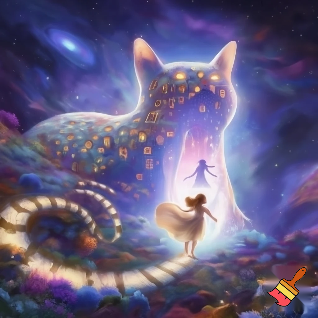 Можешь создать картинку - огромный кот на фоне сказочной природы , сквозь  его тело  проходит дорога во вселенную, его шкура состоит из домиков сказочных, его хвост пушистый полосатый в виде дороги, по которой идет юная девочка в полупрозрачном легком платьице , босиком, а на выходе из кота полупрозрачный силуэт взрослой девушки.