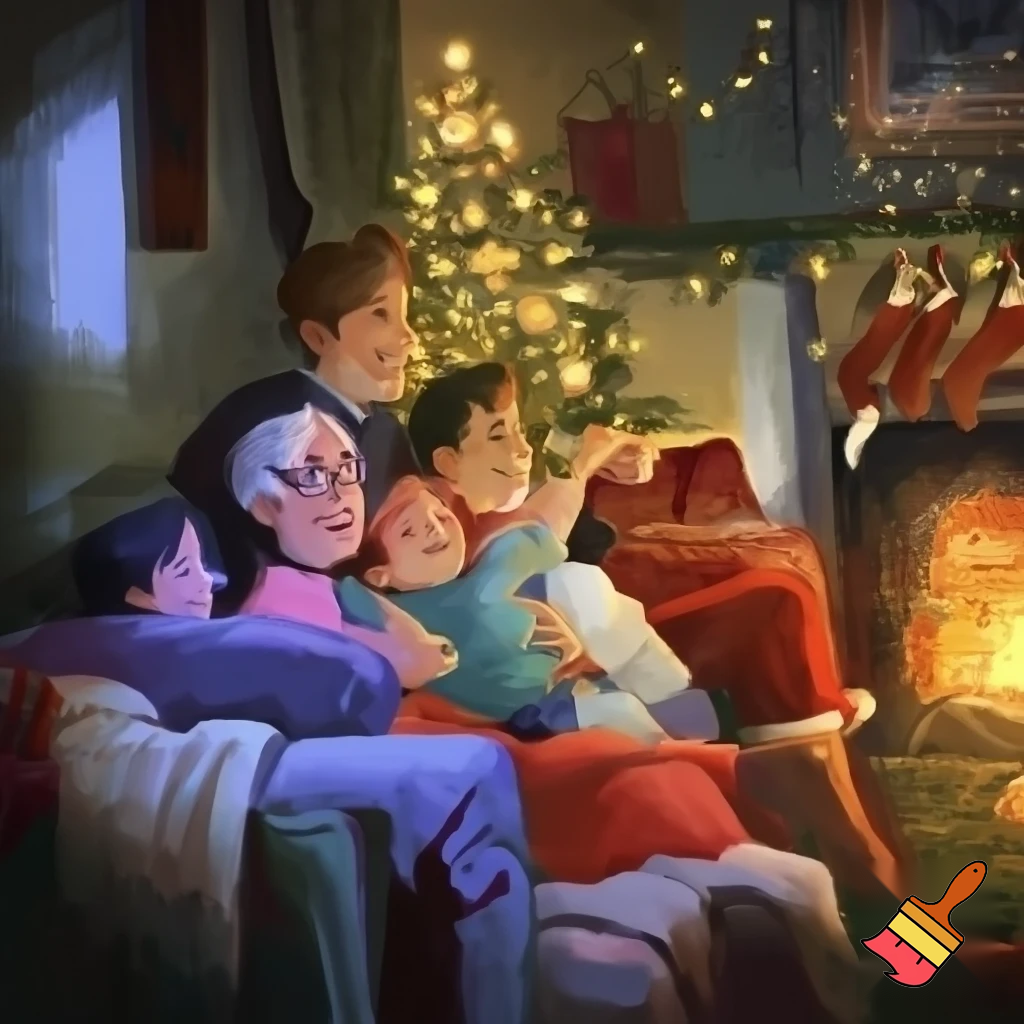 Make me a nice cosy Christmasy family in the living room watching a movie for christmas very big and only