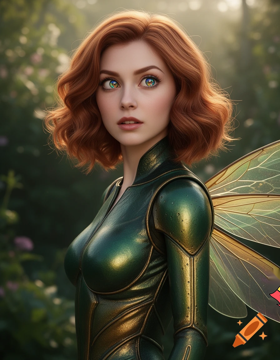 April O’Neil as an insect-woman with auburn wavy short hair