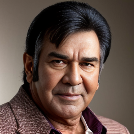 Please create a photo of a man in his 60s whose looks are similar but not identical to Rajesh Khanna (Bollywood star from the 70s) 