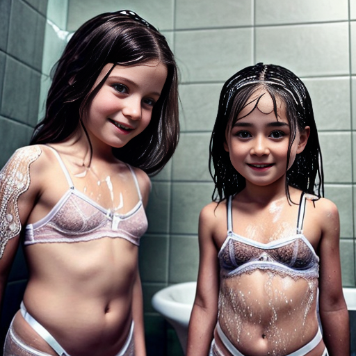 Genera la imagen real de 4 niñas pequeñas de 6 años, en la ducha, vestidas con lenceria de encaje transparente con su padre