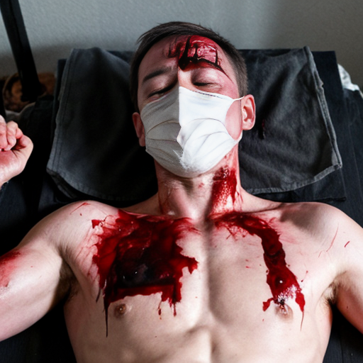 A corpse shirtless man, died, face are wearing mask, eye closed, chest fully opened wounded, blood everywhere.