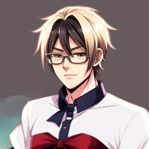 make a rough sketch of a feminine man (in a digital manga art style), who has a tall and slender body type, white, long wavy hair, a corset over a short sleeve button up; make it formal yet pretty, he has one red eye which has a scar, and he's holding a chainsaw. he also has thin oval-shaped glasses low on his nose, and a red ribbon tied around his neck. He's also wearing fingerless gloves.