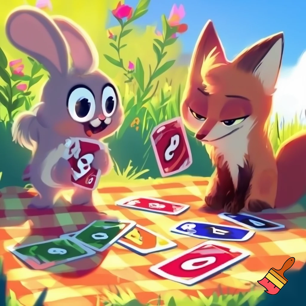 Theme: A rabbit is playing uno with a fox
Lighting: Sunny
Feeling: Joyful
Style: 2D Cartoon
View Angle: Front