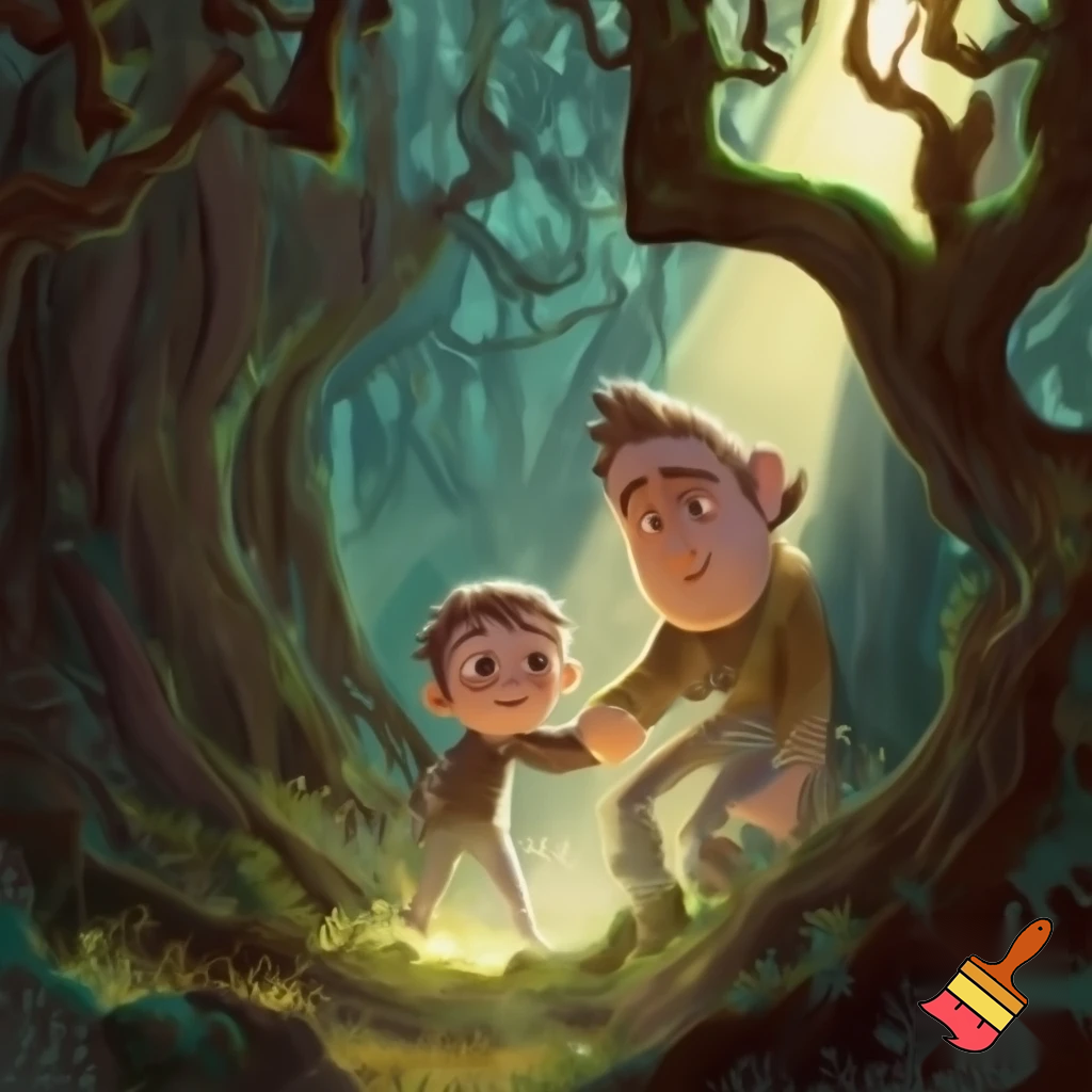 Draw me a little boy with his dad stuck in the forest