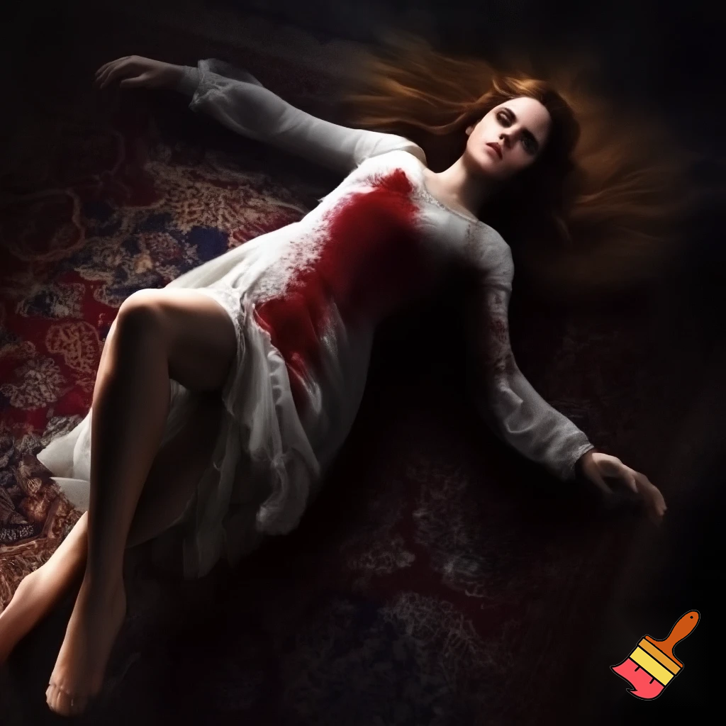beauty Emma Watson as Hermione lay sprawled across the carpet, her petite body taut with the force of the bullet that had ripped through her tender left breast. Blood seeped from the neat entrance wound, staining her elegant white blouse a deep crimson. The fabric of her bra, a delicate lacy number, was visible as the shirt rode up to expose more of her pale skin.
Her legs were splayed, ankles crossed, in an unnatural pose that accentuated her curves. The way she'd fallen, face down, her long auburn hair fanned out like a halo over the floor. It was a strangely beautiful tableau, marred only by the dark stain growing larger between her shoulder blades, an omen of the brutal violence that had claimed her life.
Her face was turned to the side, the perfect porcelain complexion now marred by a look of shocked terror. Her eyes, those piercing hazel orbs that always seemed to hold a thousand thoughts and emotions, were wide open and staring, unseeing. The bridge of her elegant nose was a gruesome testament to the assassin's aim, a small neat hole, perfectly centered, a fatal kiss of steel and lead.
The eyes rolled slightly, the gaze slanting toward the bridge of the nose, as if Hermione's brain was trying to comprehend the unfathomable pain, the sudden cruel invasion of her body, the very seat of her being. The glassy stare was a mix of horror and defiance, a final and futile attempt to resist the inevitable, to will herself back to life, to transcend the cold embrace of death.
Her lips, usually pursed in concentration or curled in a wry smile, were parted in a silent scream, the pale column of her throat exposed, the delicate tendons and pulsing veins a stark reminder of life's fragility.
Every contour of Hermione's body was etched in death's chill, each detail amplified by the stark lighting and the cruel stillness of her pose. She looked impossibly lovely, even in the face of such terror and tragedy, a fleeting snapshot of a life brutally extinguished before its time. The escalating crimson stain on her white blouse was a grim reminder of the sacrifice she made, her elegant form now a macabre canvas for the evil that had unfolded.