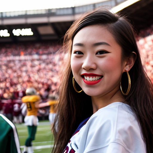 can you create an image of an early twentysomething half Scottish half Japanese USC student cheering in the stands at a football game. her tall, petite frame. She has a closed‑lip smile, her beautiful facial features—high cheekbones, almond‑shaped eyes, and a smooth complexion—clearly visible. Her head is shaved. She appropriate clothing, complemented by large hoop earrings, additional layered jewellery, and a septum ring. 