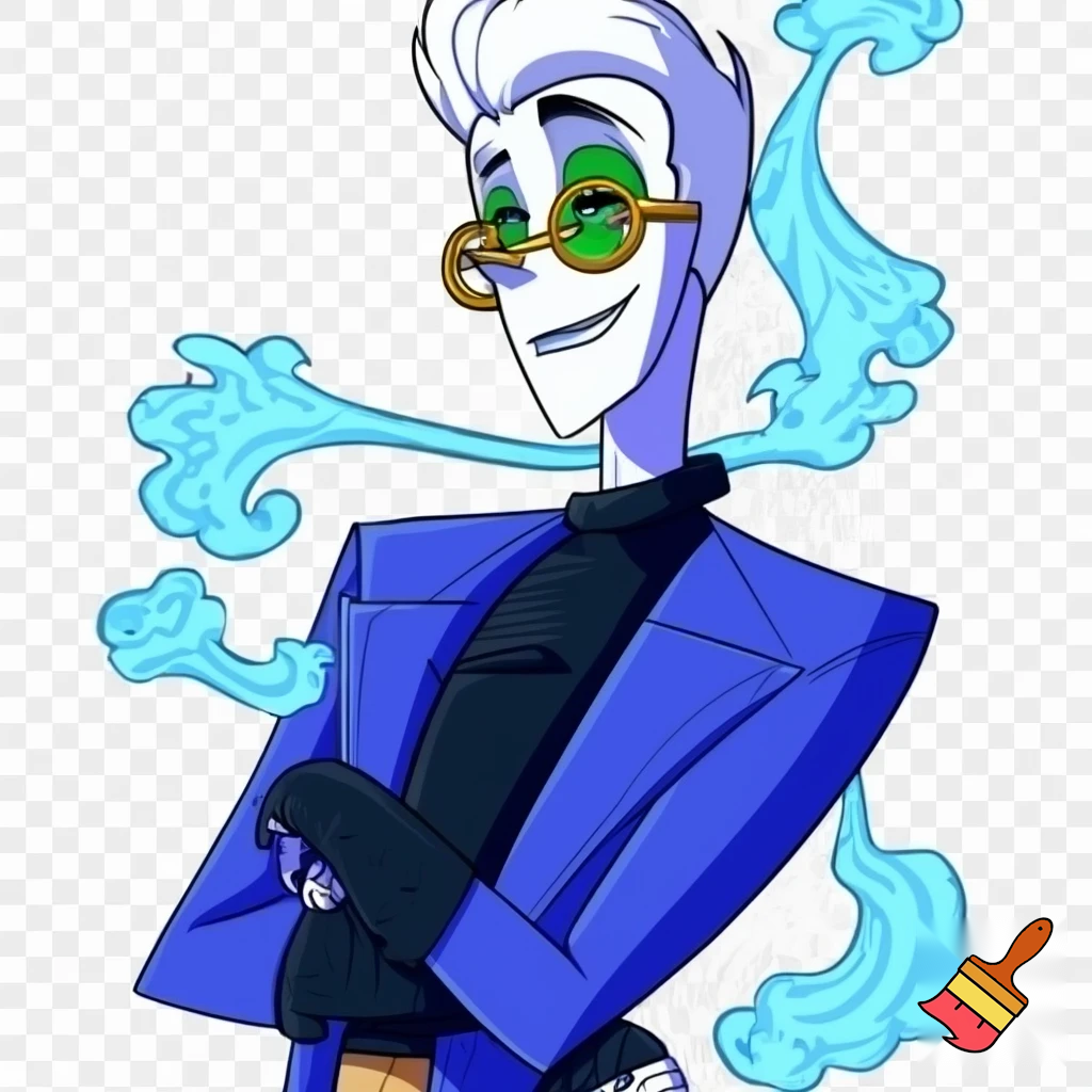 A tall, lean pale man with white hair, green eyes and distinctive round brass glasses In cartoonish art style of hazbin hotel wearing his signature blue overcoat and smoke curling around him