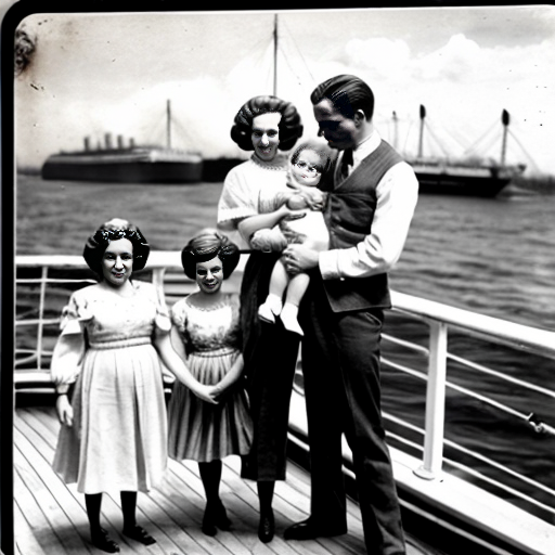 vintage barbie , her husband , children ,and baby on the deck of the titanic