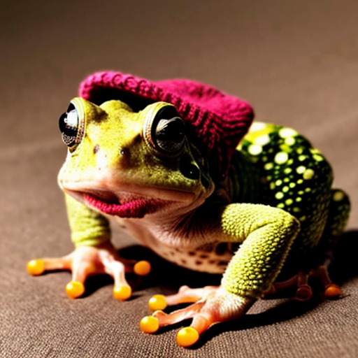 A laughable, puzzled animal toad in woolen, multicoloured winter clothings with woolen winter cap. Hyperrealistic style.