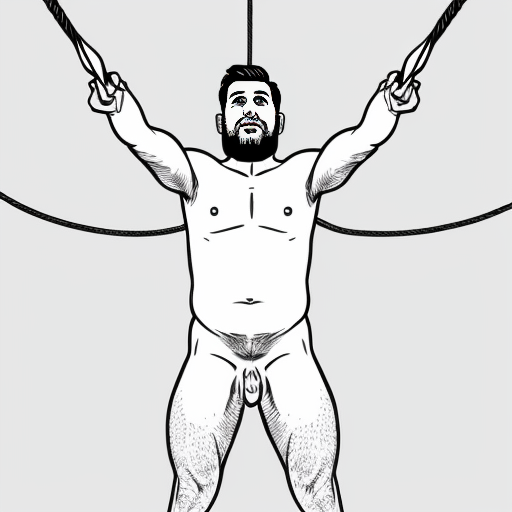 barefoot pantless completely nude and standing naked wrinkly and fat geriatric nudist bearded grandpa is moaning and wearing hardcore birthday suit that has penis and it is getting sexual by tiny demons that lick him all over and his arms are bound over his head to a rope from the ceiling in the dungeon, oil painting view from above