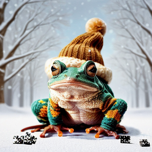 A laughable, puzzled animal toad in woolen, multicoloured winter clothings with woolen winter cap. Hyperrealistic art style.